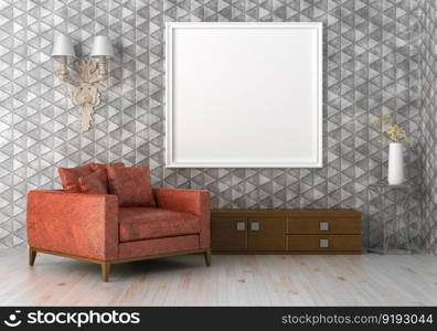 3D illustration mockup photo frame on the wall in living room, scandinavian style interior with cozy furniture, rendering