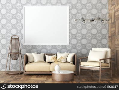 3D illustration mockup photo frame on the wall in living room, scandinavian style interior with cozy furniture, rendering