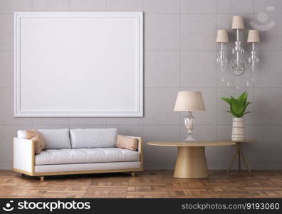 3D illustration mockup photo frame on the wall in living room, scandinavian style interior with cozy furniture, rendering