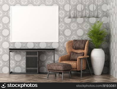 3D illustration mockup photo frame on the wall in living room, scandinavian style interior with cozy furniture, rendering