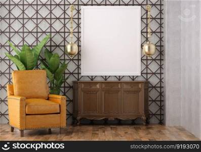 3D illustration mockup photo frame on the wall in living room, scandinavian style interior with cozy furniture, rendering