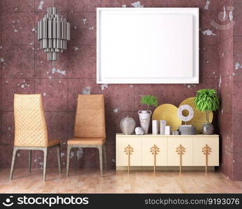 3D illustration mockup photo frame on the wall in living room, scandinavian style interior with cozy furniture, rendering