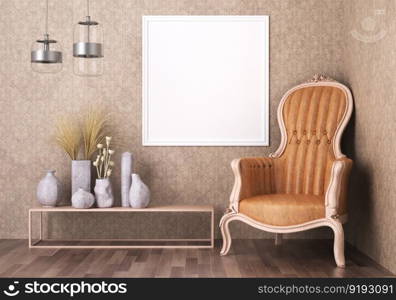 3D illustration mockup photo frame on the wall in living room, scandinavian sty≤∫erior with cozy furniture, rendering