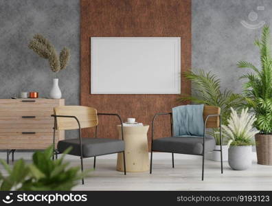 3D illustration mockup photo frame on the wall in living room, scandinavian style interior with cozy furniture and houseplant in natural decoration concept, rendering