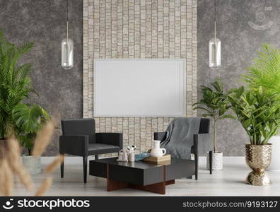 3D illustration mockup photo frame on the wall in living room, scandinavian style interior with cozy furniture and houseplant in natural decoration concept, rendering