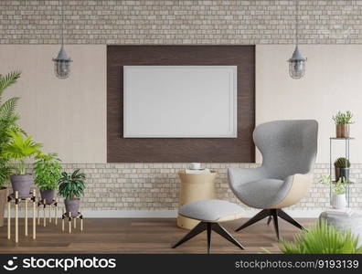 3D illustration mockup photo frame on the wall in living room, scandinavian style interior with cozy furniture and houseplant in natural decoration concept, rendering