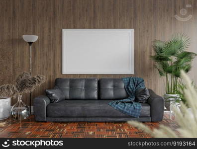 3D illustration mockup photo frame on the wall in living room, scandinavian style interior with cozy furniture and houseplant in natural decoration concept, rendering