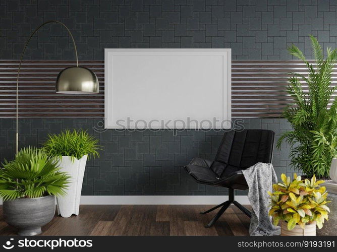 3D illustration mockup photo frame on the wall in living room, scandinavian style interior with cozy furniture and houseplant in natural decoration concept, rendering