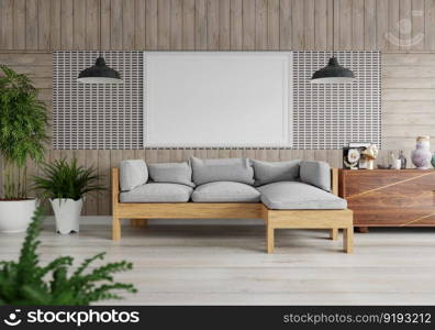 3D illustration mockup photo frame on the wall in living room, scandinavian style interior with cozy furniture and houseplant in natural decoration concept, rendering