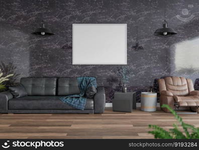 3D illustration mockup photo frame on the wall in living room, scandinavian style interior with cozy furniture and houseplant in natural decoration concept, rendering