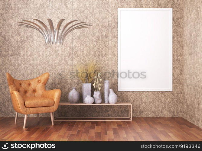 3D illustration mockup photo frame on the wall in living room, scandinavian style interior with cozy furniture decoration concept, rendering