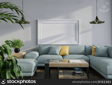 3D illustration mockup photo frame on the wall in living room, scandinavian style interior with cozy furniture and houseplant in natural decoration concept, rendering