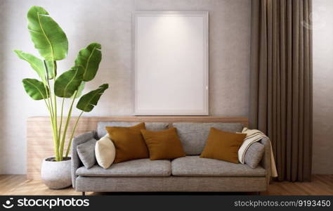 3D illustration mockup photo frame on the wall in living room, scandinavian sty≤∫erior with cozy furniture decoration concept, rendering