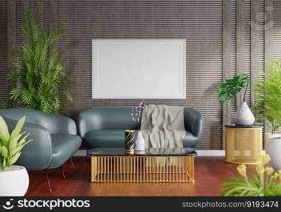 3D illustration mockup photo frame on the wall in living room, scandinavian style interior with cozy furniture and houseplant in natural decoration concept, rendering