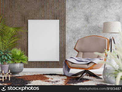 3D illustration mockup photo frame on the wall in living room, scandinavian style interior with cozy furniture and houseplant in natural decoration concept, rendering