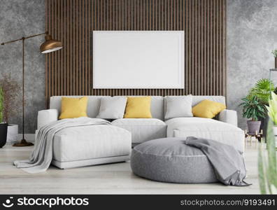 3D illustration mockup photo frame on the wall in living room, scandinavian style interior with cozy furniture and houseplant in natural decoration concept, rendering