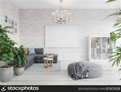 3D illustration mockup photo frame on the wall in living room, scandinavian style interior with cozy furniture and houseplant in natural decoration concept, rendering
