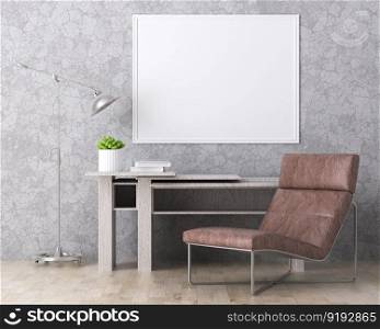 3D illustration mockup photo frame on the wall in living room, working area with wooden table and chair,  scandinavian style interior decoration concept, rendering