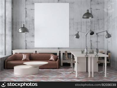 3D illustration Mockup photo frame on the wall in Modern interior of living room or workplace or reading books corner at home or office, Decorated with comforatble furniture, rendering