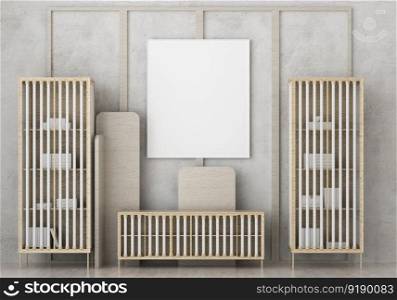 3D illustration mockup photo frame on the wall near showcase in living room, scandinavian style interior with cozy furniture decoration concept, rendering