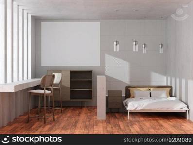 3D illustration, Mockup photo frame on the wall of bedroom, Interior of comfortable with  beautiful furniture, rendering