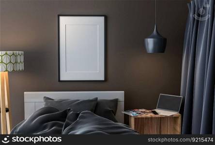 3D illustration, Mockup photo frame on the wall of bedroom, Interior of comfortable with luxury and beautiful furniture, rendering