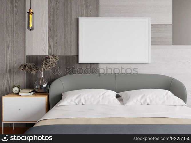 3D illustration, Mockup photo frame on the wall of bedroom, Interior of comfortable with luxury and beautiful furniture, rendering