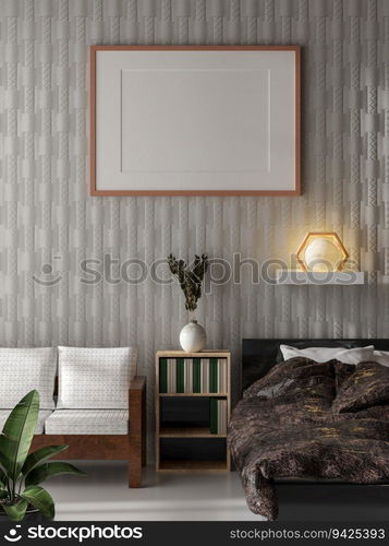 3D illustration, Mockup photo frame on the wall of bedroom, Interior of comfortable with twin bed and beautiful furniture, rendering