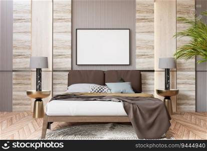3D illustration, Mockup photo frame on the wall of bedroom, Interior of comfortable with luxury and beautiful furniture, rendering