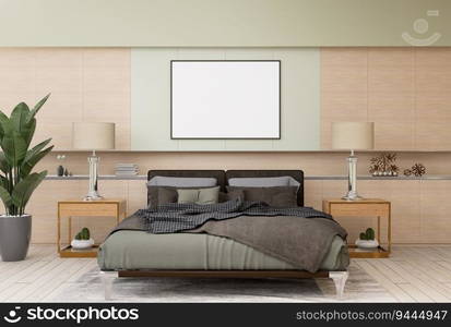 3D illustration, Mockup photo frame on the wall of bedroom, Interior of comfortable with luxury and beautiful furniture, rendering