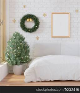 3D illustration, Mockup photo frame on the wall of bedroom, Interior with beautiful furniture and pine tree, wreath and golden bell decorate in christmas theme, rendering