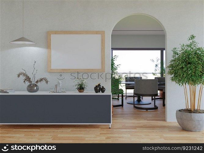3D illustration, Mockup photo frame on the wall of dining room, Interior of comfortable with luxury furniture and houseplant in pot, rendering