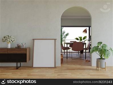 3D illustration, Mockup photo frame on the wall of dining room, Interior of comfortable with luxury furniture and houseplant in pot, rendering