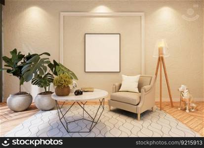3D illustration, Mockup photo frame on the wall of living room , Interior with houseplant, vases and beautiful furniture, rendering