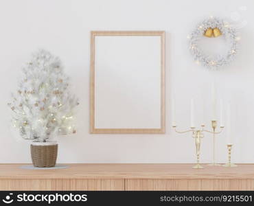 3D illustration, Mockup photo frame on the wall of living room, Interior with beautiful furniture in christmas theme, rendering