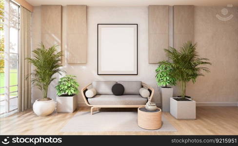 3D illustration, Mockup photo frame on the wall of living room, Interior of comfortable with luxury sofa and beautiful furniture, rendering