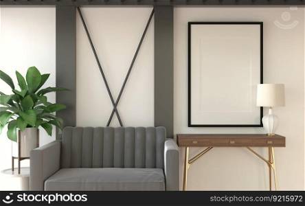 3D illustration, Mockup photo frame on the wall of living room, Interior of comfortable with luxury and beautiful furniture, rendering