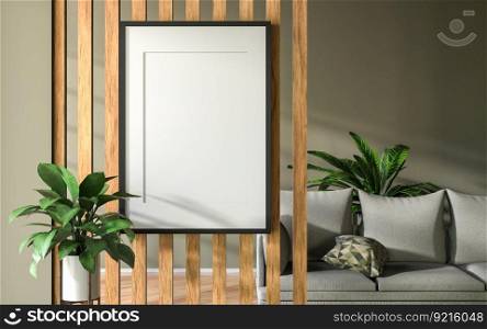 3D illustration, Mockup photo frame on the wall of living room, Interior of comfortable with luxury and beautiful wooden furniture, rendering 