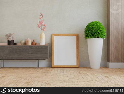 3D illustration, Mockup photo frame on the wall of living room, Interior with houseplant, vases and beautiful furniture, rendering