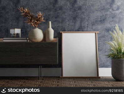 3D illustration, Mockup photo frame on the wall of living room, Interior with houseplant, vases and beautiful furniture, rendering