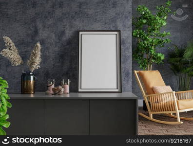 3D illustration, Mockup photo frame on the wall of living room, Interior with houseplant, vases and beautiful furniture, rendering