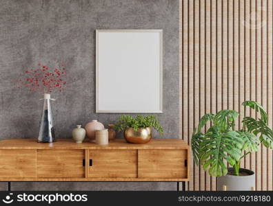 3D illustration, Mockup photo frame on the wall of living room, Interior with houseplant, vases and beautiful furniture, rendering