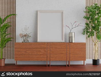 3D illustration, Mockup photo frame on the wall of living room, Interior with houseplant, vases and beautiful furniture, rendering