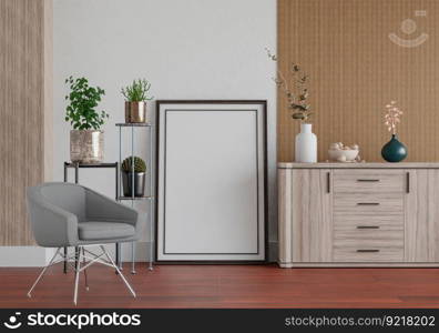 3D illustration, Mockup photo frame on the wall of living room, Interior with houseplant, vases and beautiful furniture, rendering