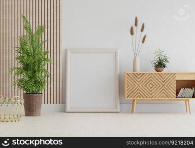 3D illustration, Mockup photo frame on the wall of living room, Interior with houseplant, vases and beautiful furniture, rendering