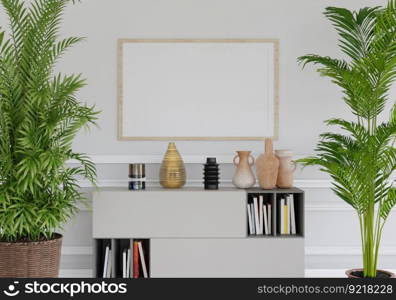 3D illustration, Mockup photo frame on the wall of living room, Interior with houseplant, vases and beautiful furniture, rendering