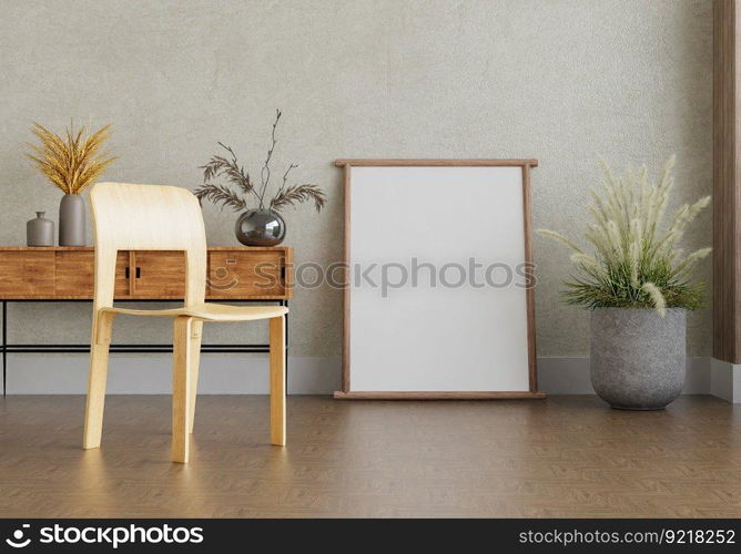 3D illustration, Mockup photo frame on the wall of living room, Interior with houseplant, vases and beautiful furniture, rendering