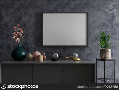 3D illustration, Mockup photo frame on the wall of living room, Interior with houseplant, vases and beautiful furniture, rendering