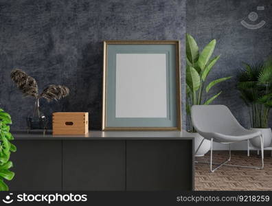 3D illustration, Mockup photo frame on the wall of living room, Interior with houseplant, vases and beautiful furniture, rendering