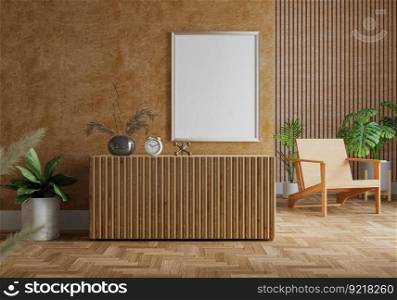3D illustration, Mockup photo frame on the wall of living room, Interior with houseplant, vases and beautiful furniture, rendering